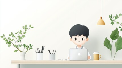 Poster - Individual sitting at a home office desk with coffee, a planner, and laptop, in a cozy telelavoro setup.
