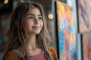 Young girl with long brown hair gazing at colorful artwork in a gallery