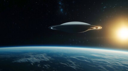 Wall Mural - Spaceship soaring above a distant planet with glowing rings, stars twinkling in the background, capturing the essence of space exploration for Science Fiction Day 