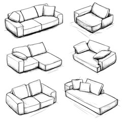 An isolated set of sofas with a white background. Sketched illustration in an abstract style.