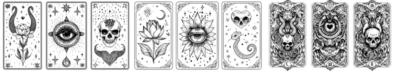 A vintage hand drawn occult tarot card with skull, lotus, and evil eye symbols. Esoteric, astrological elements for prediction.