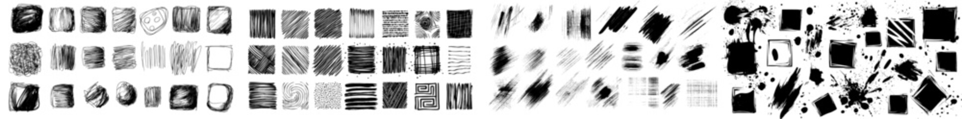 Poster - shaded pencil squares. scratch texture and line sketched background modern set with pen strokes.