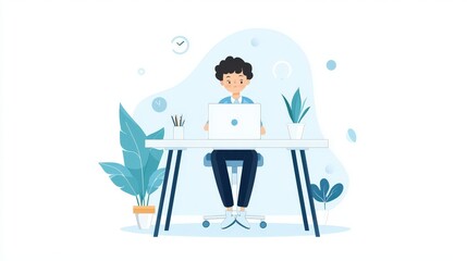 Poster - Remote worker with a laptop on a standing desk at home, maintaining a healthy telelavoro posture.