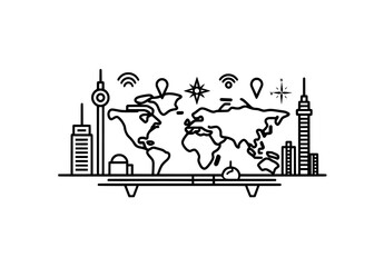 Poster - Geographical and tourist illustration set featuring a travel compass, journey route map, and pin icon.
