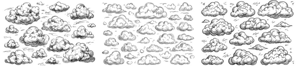 Poster - Illustration set of sketch clouds. Hand drawn pencil cloudy sky, cloud shape engraving, and overcast weather elements isolated on a white background.