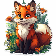 Wall Mural - Animal stickers with a Cute cartoon red fox on a white background