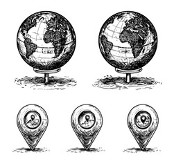 Poster - doodle world maps with continents and oceans. set of modern geography illustrations.