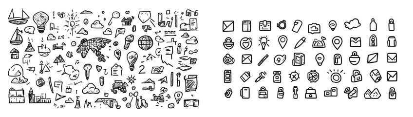 Poster - The doodle map pin, hand drawn navigation, and sign location are isolated on a white background.