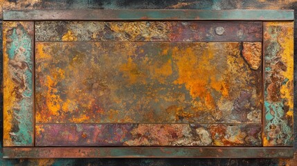 Wall Mural -  A rusted metal frame atop a green-yellow wall, bearing another similar one above