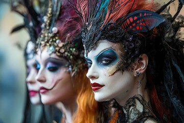 Wall Mural - Models wearing fantasy makeup and costumes posing during fashion show