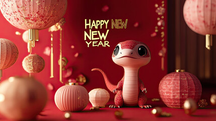 Chinese new year 2025. A snake with a traditional red Oriental lantern