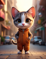 Cute animated cat character wearing an orange hoodie stands confidently on a city street during golden hour