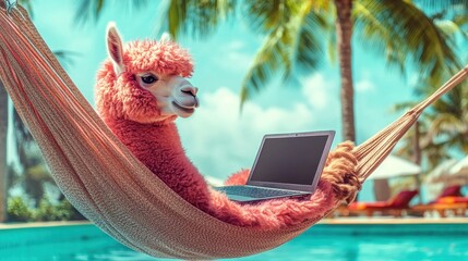 Content alpaca enjoys a sunny day with a laptop