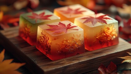 Wall Mural - Cute maple leaf resin and jelly cubes, three cubes with autumn colors, with colorful leaves on the surface of each cube,