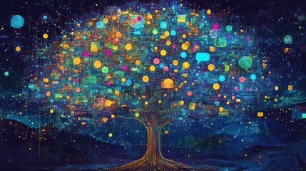 Aufkleber - A vibrant tree filled with colorful data points, symbolizing knowledge and interconnectedness.