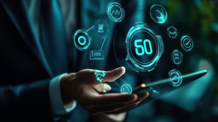 Poster - A businessman holding a tablet with a digital countdown timer of 50 seconds, surrounded by icons representing various functions and tasks.
