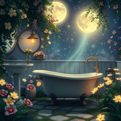 Enchanted garden bathroom, clawfoot bathtub, two moons in night sky, glowing fireflies, blooming flowers, magical atmosphere, fantasy setting, romantic lighting, outdoor bathing scene, whimsical decor