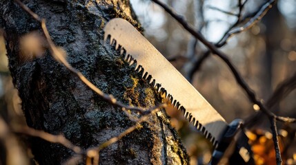 A top-down view of a pruning saw resting against a tree, with branches nearby. The focus is on the saw's design and sharpness.