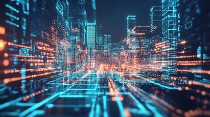 Poster - Futuristic Cityscape with Data Flow Visualization