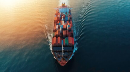 Poster - An aerial view of a large cargo ship sailing on the ocean at sunset, with a clear view of the containers stacked on the deck.