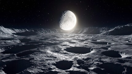Poster - A lunar landscape with craters under a bright moon in a starry sky.