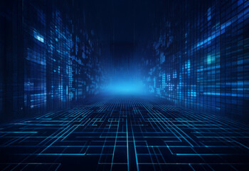 Fototapete - A digital tunnel with glowing blue lines and a bright light at the end.