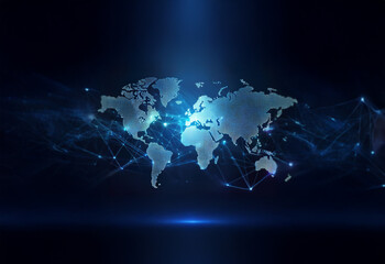 Poster - A dark blue background with a glowing, gray world map and connecting lines forming a network.