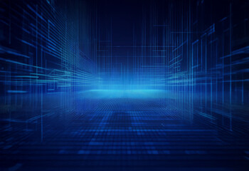 Poster - A deep blue digital space with glowing lines and a grid floor.