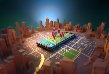 Fototapete - A smartphone with a map application open,  shows several red pins scattered across a city skyline.