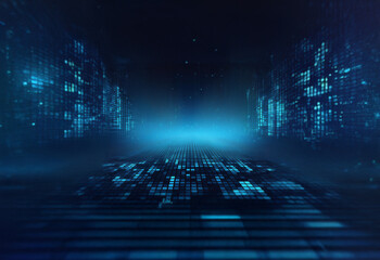 Poster - A digital tunnel composed of glowing blue lines and binary code stretches into the distance.