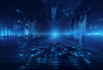 Aufkleber - A dark blue, digital space with a bright light in the distance and a grid pattern on the floor.