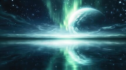 Wall Mural - a breathtaking scene of the earth at night, featuring the aurora borealis' green glow reflected on a
