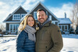 © ALL YOU NEED studio - smiling couple in front of their new house, real estate, outdoors at home at snowy winter, sunny day