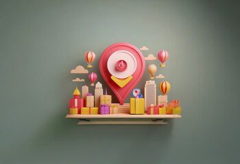 Poster - A red location pin with a white circle and a small red dot in the center sits above a wooden shelf with a cityscape, gift boxes, and hot air balloons.