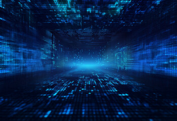 Poster - A digital tunnel composed of glowing blue binary code. The tunnel appears to extend into the distance, with a bright light at the end.