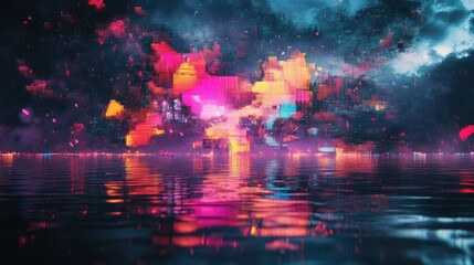 An abstract design of a fragmented structure over a dark lake, filled with glitching patterns and neon noise creating a sense of digital energy