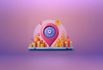 Poster - A 3D rendering of a smartphone screen with a location pin, stacks of gold coins and gift boxes, symbolizing online shopping and e-commerce.