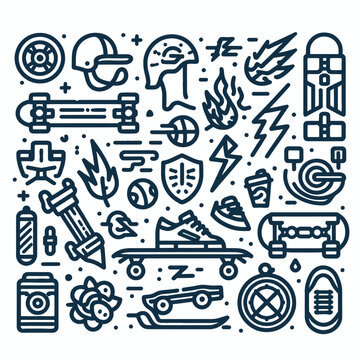 Skateboarding element outline icon set