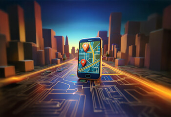Poster - A smartphone with a navigation app open sits on a futuristic city street.
