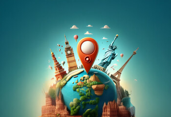 An illustration of a globe with famous landmarks surrounding it, with a red pin in the center, suggesting travel.