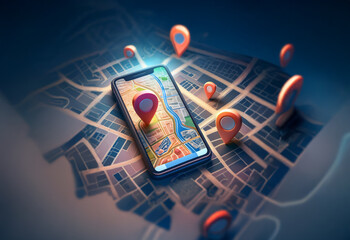 Poster - A smartphone displaying a map with several location pins.