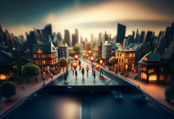 Poster - A miniature cityscape with tiny figures walking on a smartphone screen,  with multiple orange location pins marking points of interest.
