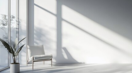 Poster - A minimalist interior featuring a chair and plant, highlighting natural light and shadows.