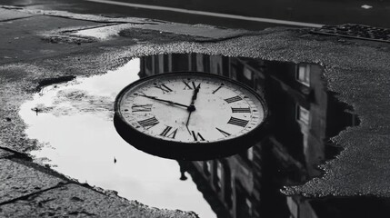 A clock reflected in a puddle with the hands spinning backward