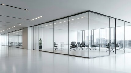 Poster - Modern office space with glass walls and conference room setup.