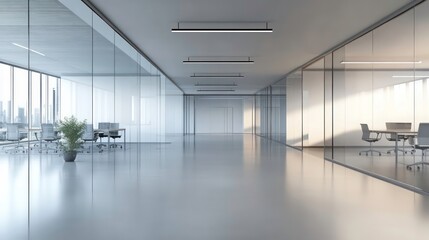 Poster - Modern office interior with glass walls and minimalistic design.