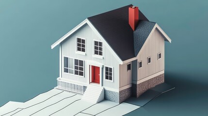 Poster - A stylized 3D model of a house with a chimney and porch, showcasing architectural design.