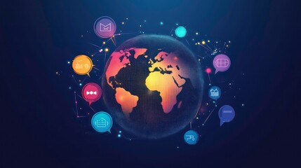 Leinwandbilder - A digital globe surrounded by icons representing global connectivity and technology.