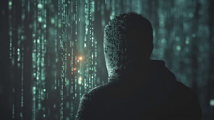 Aufkleber - A figure stands amidst a digital matrix, symbolizing technology and data.