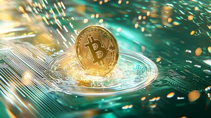 A gold Bitcoin coin sits on a circuit board with green and blue colors.  The coin is illuminated and surrounded by bright lights.